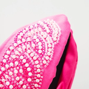 Magenta knotted headband with handcrafted seed beads and pearls in floral pattern