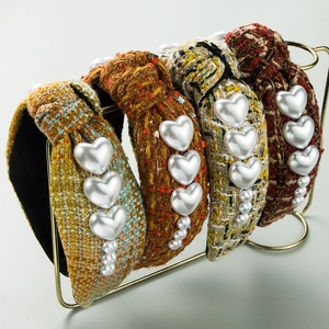 Vintage Tweed Knotted Wide Headband For Women With Heart Faux Artificial Pearl Chanel Style Elegant Hair Band Fashion Travel Accessory