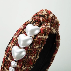 Elegant tweed knotted headband with white heart pearls in vintage French style