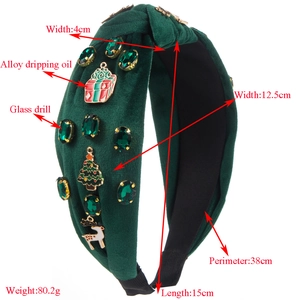 Green velvet Christmas headband with holiday charms like tree and elk ornaments