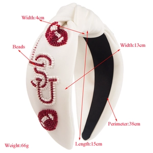 Fashionable beaded football headband for women featuring red and white embroidery