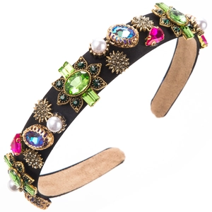 Baroque headband with colorful rhinestones, faux pearls and gold floral metal accents