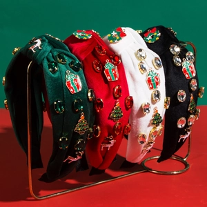 Christmas Velvet Knotted Headband Alloy Enamel Reindeer Tree Charm Rhinestone Padded Hair Band Festive Party Hair Accessories For Women