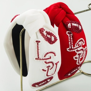 Women Sporty Rugby Bead Embroidered Knotted Headband Fabric Wide Hairband Fashion Beading Letter Hair Accessories Game Day