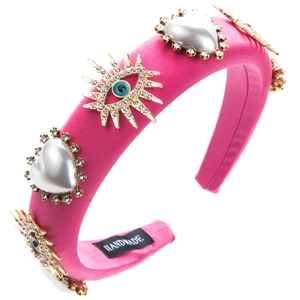 Baroque sponge headband in hot pink satin with evil eye and pearl heart ornaments