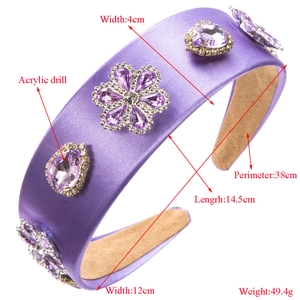 Baroque purple headband with wide satin band and flower crystal embellishments