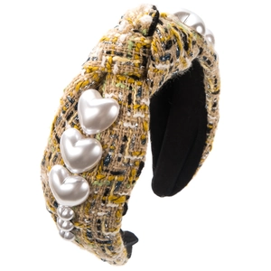 Tweed braided headband with heart pearls, vintage style hair accessory for women