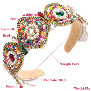 Vintage bohemian wide headband with colorful beads, glass rhinestones and pearls