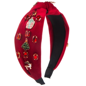 Red velvet knotted Christmas headband with festive enamel charms and red crystal gems
