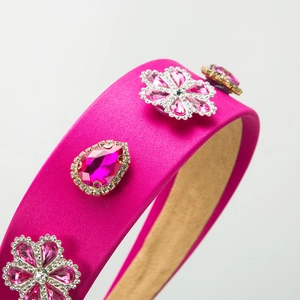 Baroque style rose red satin headband with pink floral crystals and gold base