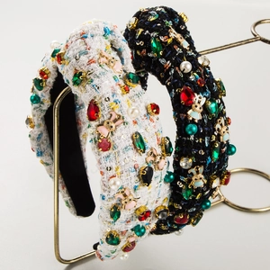 Handmade Rhinestone Tweed Padded Headband For Women Luxury Faux Artificial Pearl Bunny Accessories Vintage Easter Hair Band Party Headwear