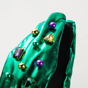 Barock verknotetes grünes Metall-Leder-Stirnband mit farbigen Juwelen und Perlen
