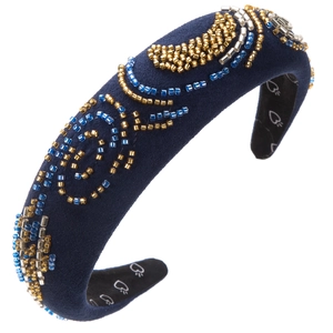Serre-tête en velours fait main avec motifs de perles rétro en bleu marine élégant
