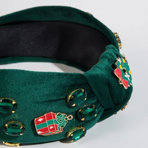 Velvet Christmas knotted headband in dark green with enamel gift box and wreath ornaments