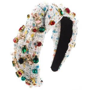Handmade Easter tweed headband with rhinestones, pearls and rabbit alloy charms