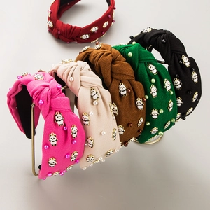 Serre-tête Noué pour Femmes Large Bord Tissu Velours Côtelé Charme Panda Alliage Künstliche Perle d'Imitation Accessoires de Cheveux Rétro
