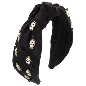 Serre-tête noué baroque avec breloques panda et perles noires sur tissu croisé