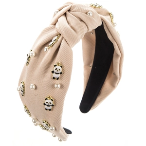 Serre-tête en tissu beige noué avec perles blanches et breloques panda dorées