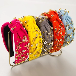 Serre-tête Large en Tissu Noué Vintage Élégant Avec Strass Perles Dorées Et Breloque Guitare Émaillée Accessoires de Cheveux pour Femmes