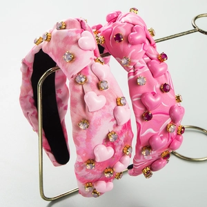 Serre-tête à Nœud Large Rose Doux Avec Cœur en Résine Strass pour Femmes Mode Saint-Valentin Tie-Dye Floral Accessoire
