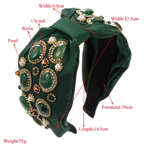 Green fabric headband with colorful geometric resin gems and pearls in baroque style