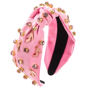 Pink knotted wide headband with sparkling rhinestones and high heel enamel charms