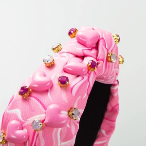 Serre-tête noué rose tie-dye avec strass et breloques en forme de cœur pour femmes