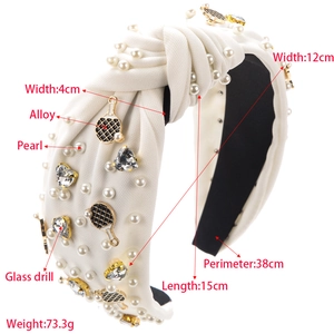 Serre-tête baroque blanc noué avec perles, raquettes de tennis en alliage et cristaux