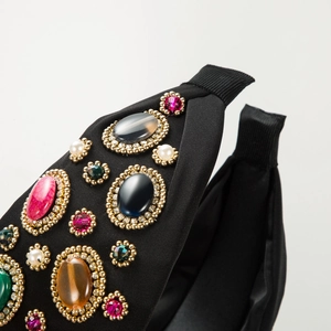 Bohemian black fabric headband with colorful vintage gemstones and faux pearls