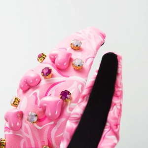 Serre-tête rose tie-dye à nœud avec cœurs en strass et doublure antidérapante pour femme