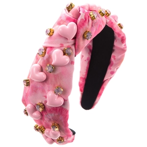 Serre-tête tie-dye rose avec cœurs en strass et tissu doux pour femmes