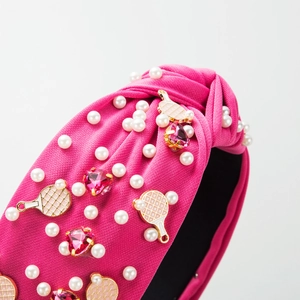 Serre-tête noué rose baroque avec perles, strass et breloques de raquette de tennis