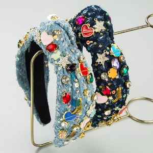 Luxury Denim Fabric Headband For Women Hand Sewn Rhinestone Heart Star Bohemian Vintage Fashion Hair Accessories