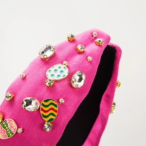 Knot fabric headband in hot pink with rhinestones and vintage enamel oval charms