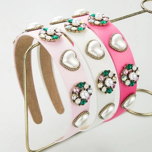 Barock Herz Kunstperle Strass Haarreif Stoff Gepolstertes Breites Haarband Für Damen Party Süß Retro Haarschmuck