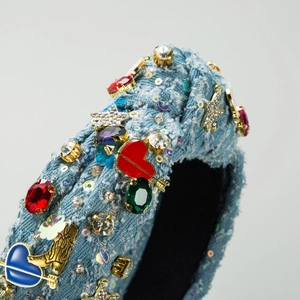 Denim knotted headband with rhinestones, colorful enamel hearts and gold boot charms