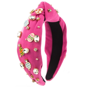Rose pink knotted headband with sparkling rhinestones and floral enamel charms