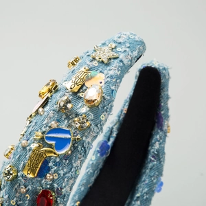 Handmade denim headband with colorful rhinestones, metal stars and heart charms