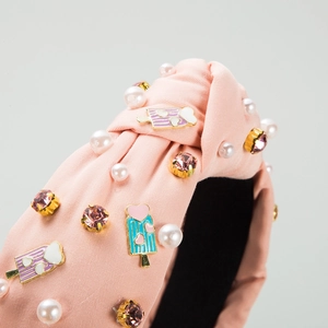 Cerchietto barocco rosa con nodo, strass, perle e ciondoli a forma di gelato colorato