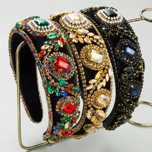 Baroque Vintage Padded Headband For Women Luxurious Glass Crystal Rhinestone Imitation Artificial Pearl Wide Sponge Hairband Party Hair Accessories