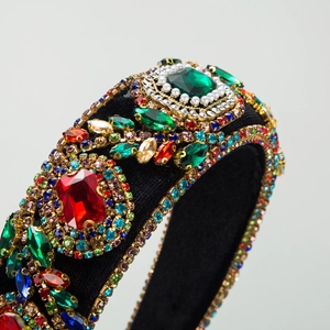 Baroque padded headband with colorful rhinestones and pearls on black velvet base