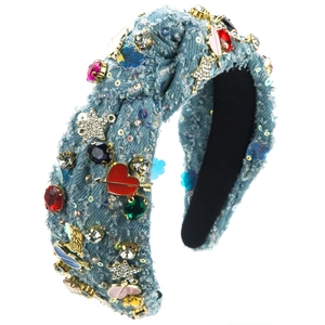 Denim headband for women with handmade rhinestone hearts and star decorations