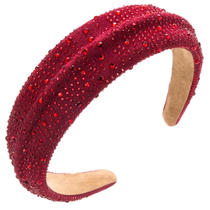 Sparkly burgundy padded headband with red rhinestones and premium velvet fabric finish