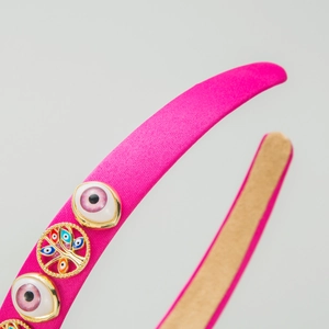 Hot pink satin headband with evil eye bead and golden tree charm for party accessory