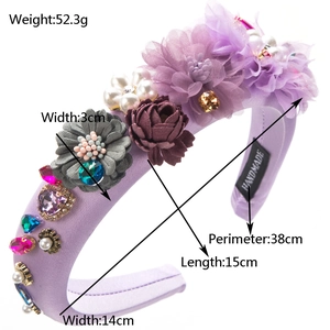 Baroque floral headband with multi-color rhinestones and pearls on purple fabric