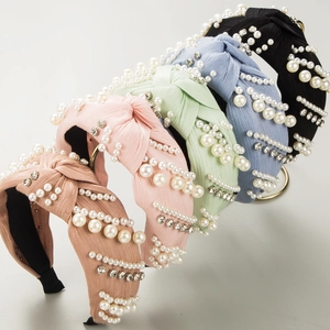 Baroque Pleated Fabric Knotted Headband For Women With Artificial Pearls And Rhinestones Elegant Vintage Sweet Hair Accessories