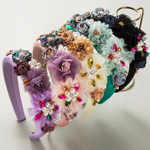 Baroque Rhinestone Flower Headband Vintage Elegant Fabric Padded Hairband With Crystal Artificial Pearl For Women Party Hair Accessory