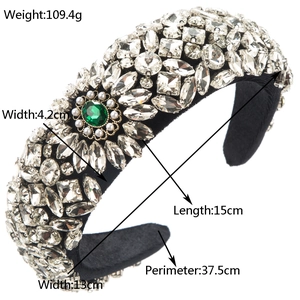 Luxe padded headband with clear rhinestones, green crystal and pearls, 4.2cm width