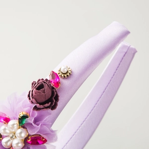 Baroque lavender satin headband featuring purple cloth roses and luxury rhinestones