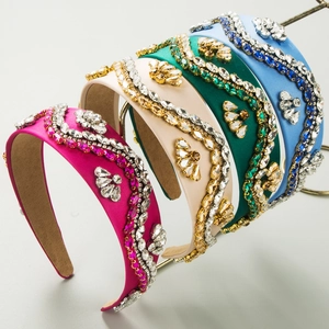 Baroque Padded Headband For Women Luxury Heavy Rhinestone Gemstone Satin Wide Hair Band Vintage Wedding Party Headwear